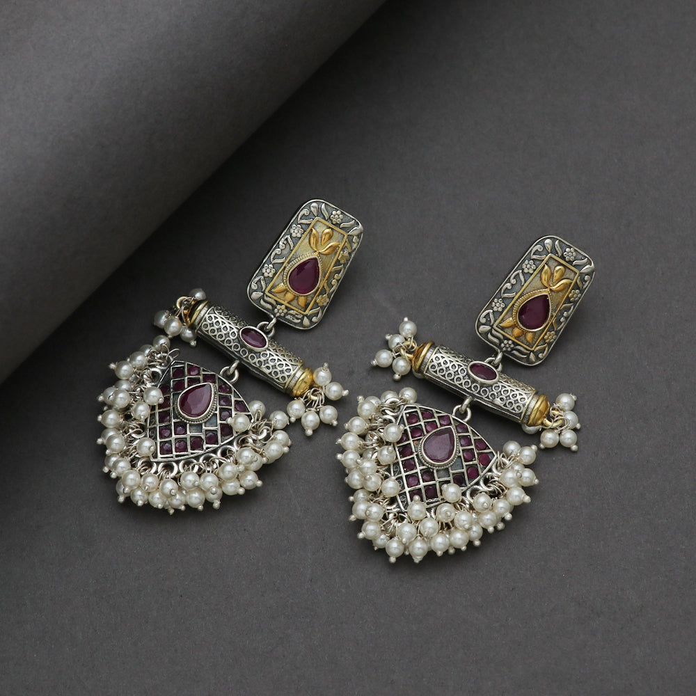 Silver Dual Tone Pink Stone Earring