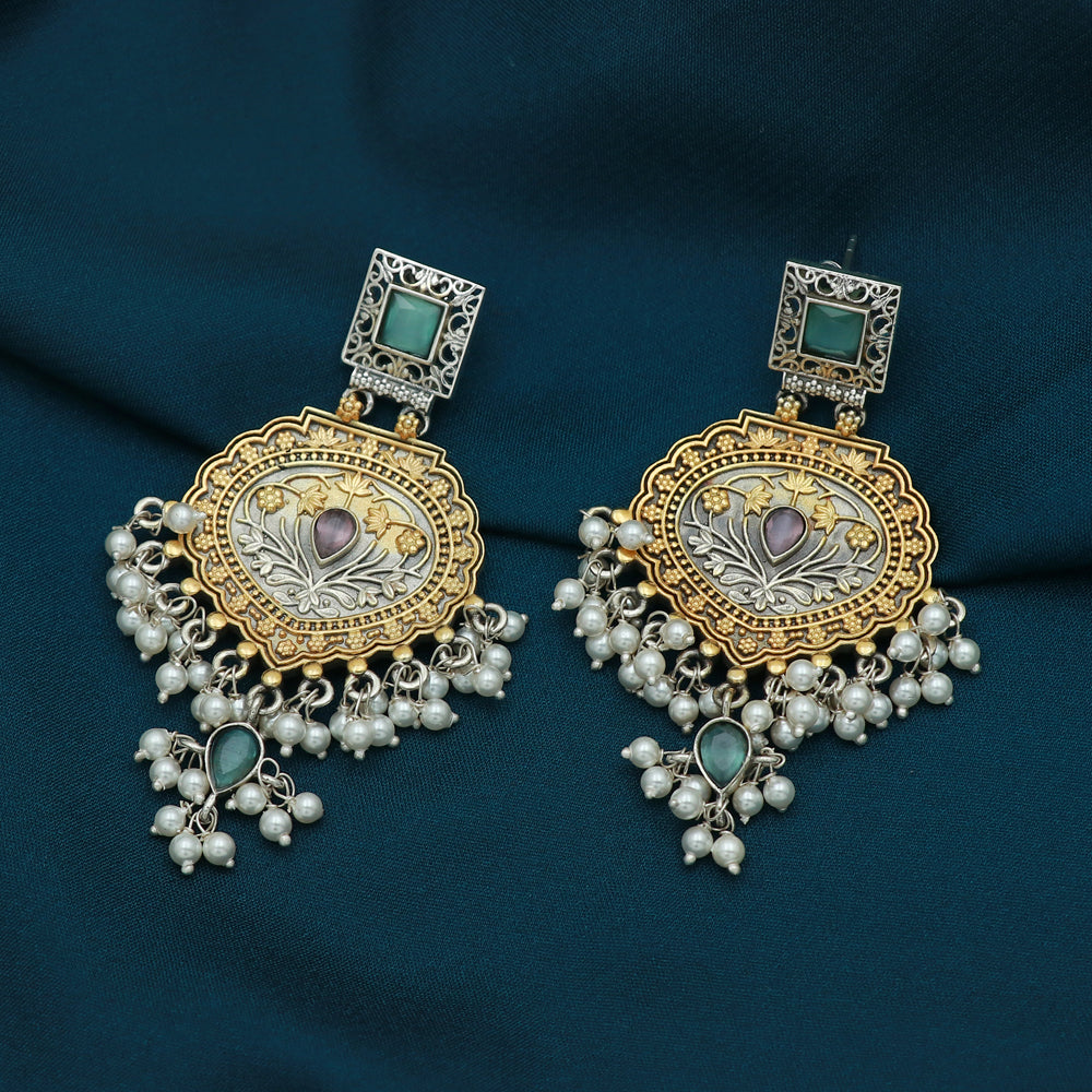 Silver Dual Tone Hanging Monolisa Color Stone Earring