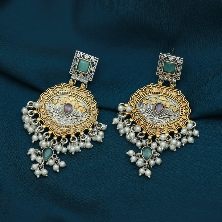 Silver Dual Tone Hanging Monolisa Color Stone Earring