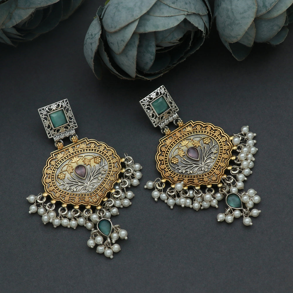 Silver Dual Tone Hanging Monolisa Color Stone Earring