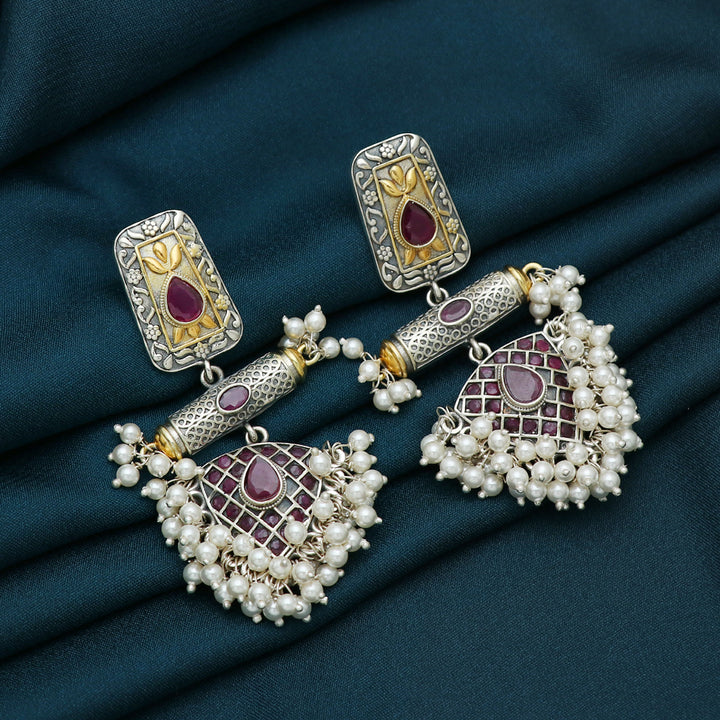 Silver Dual Tone Pink Stone Earring