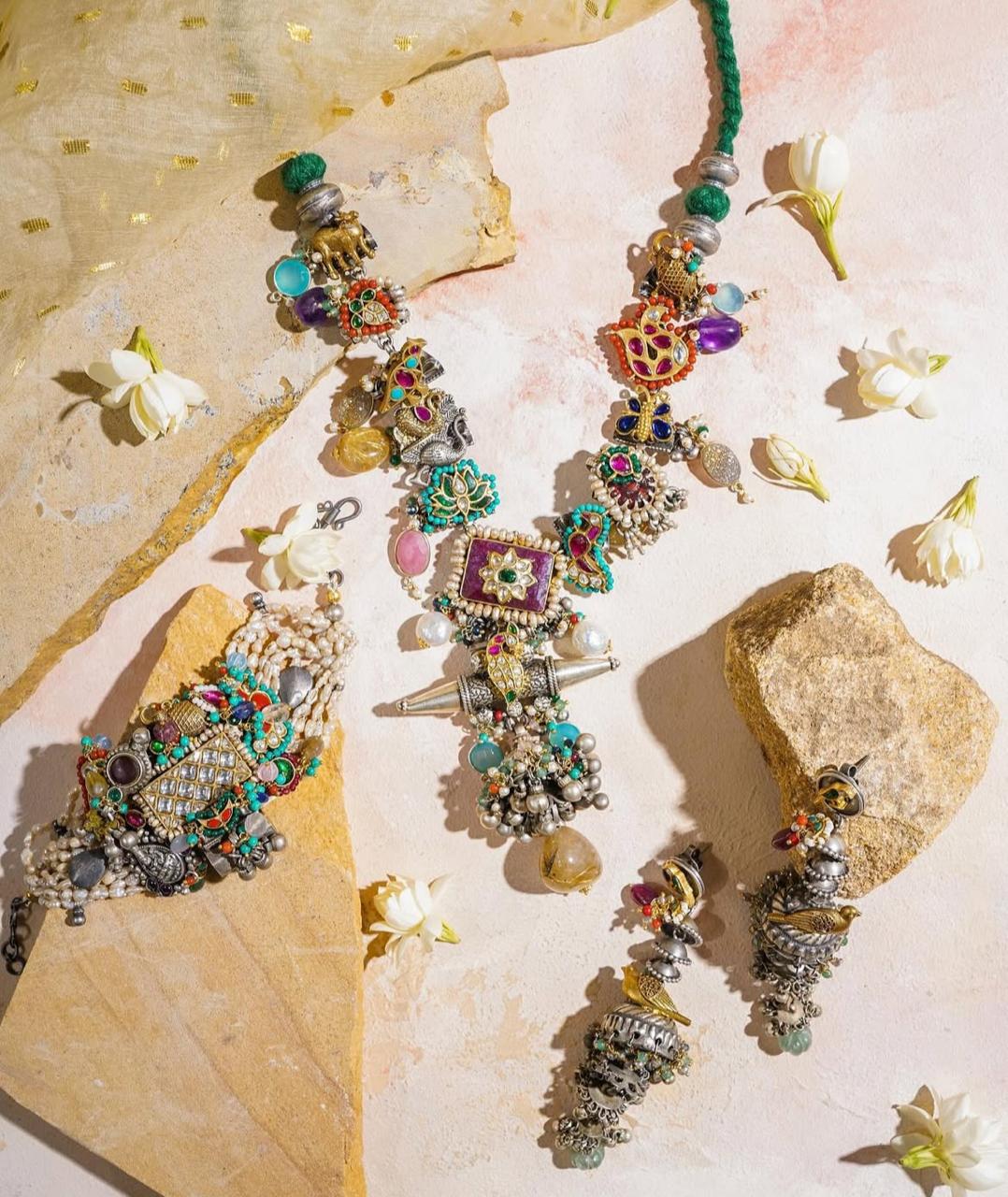 Fusion Silver Jewellery Bohemian Tribal Set with Multicolour Gemstones