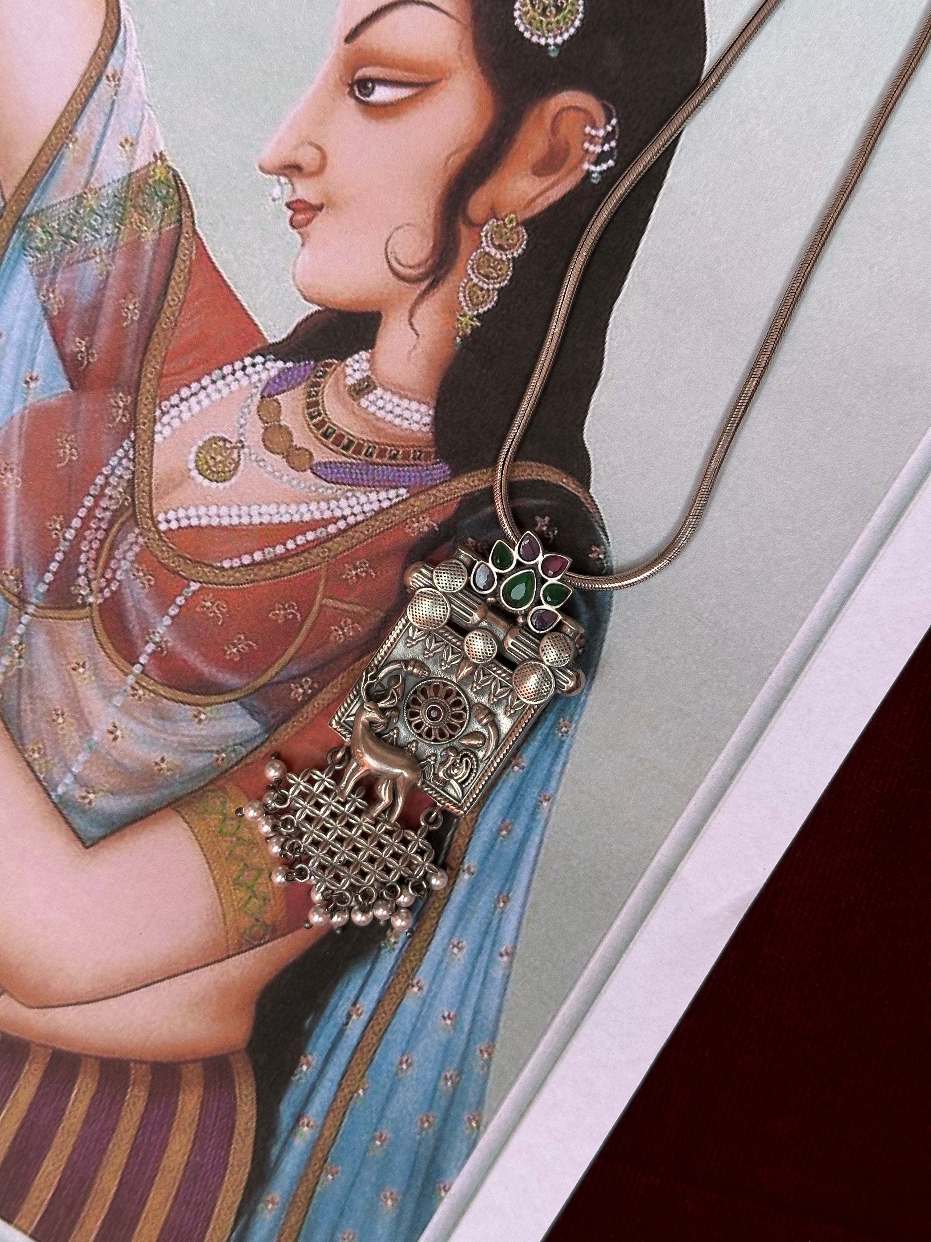 
Statement Silver Oxidised Pendant with Elephant and Pearl Detailing
