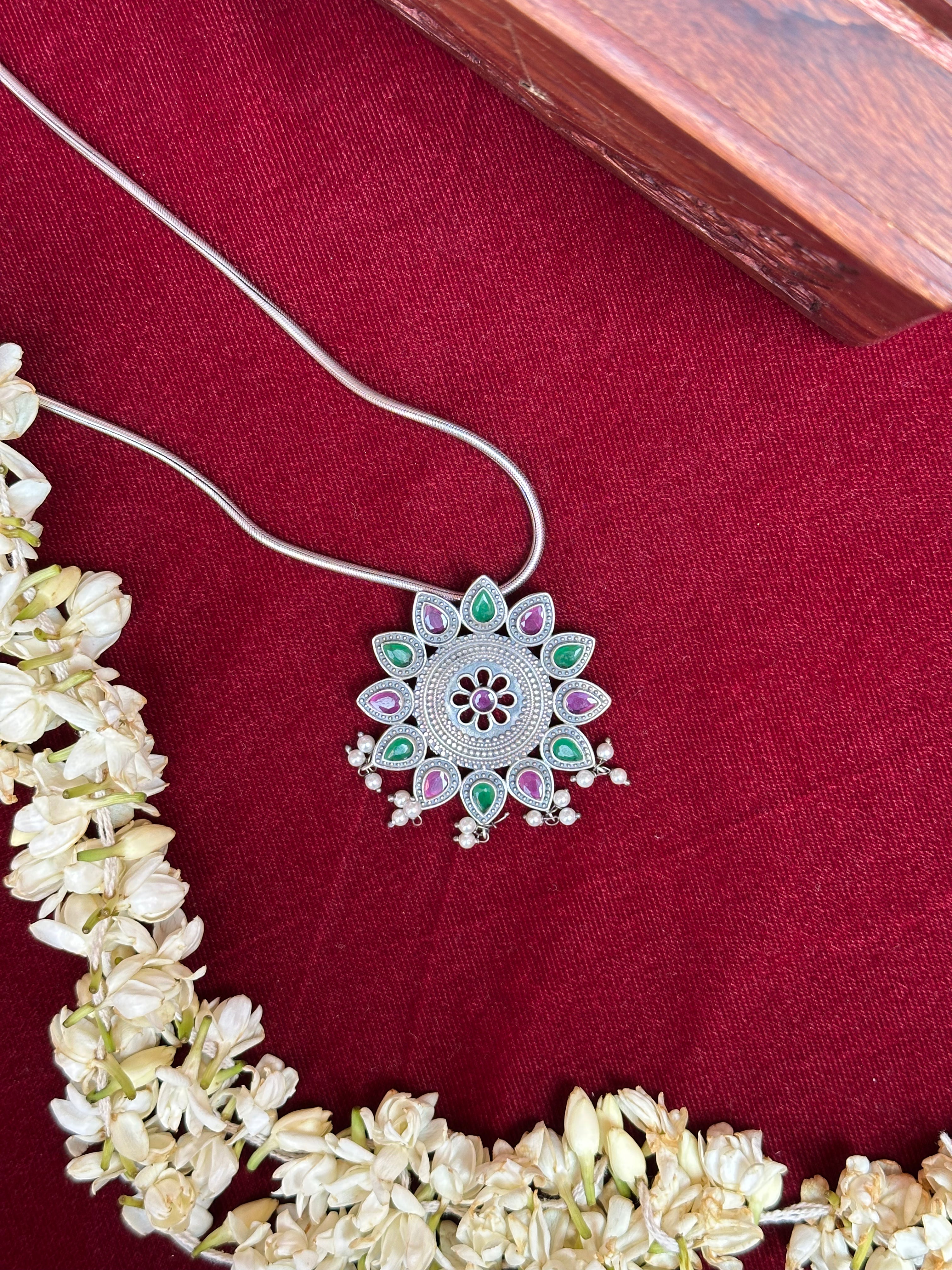 Floral-Inspired Silver Oxidised Pendant with Chain