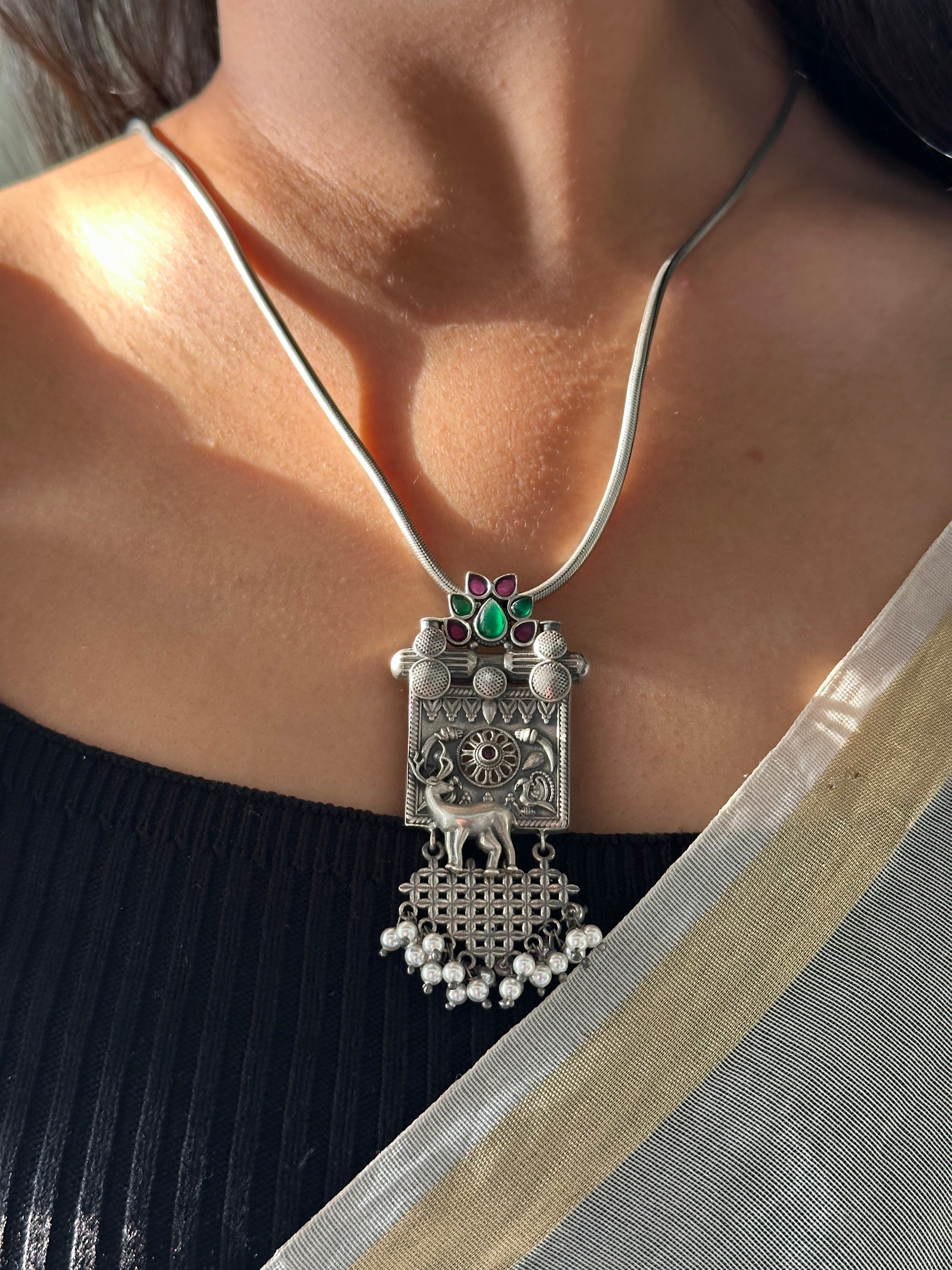 
Statement Silver Oxidised Pendant with Elephant and Pearl Detailing
