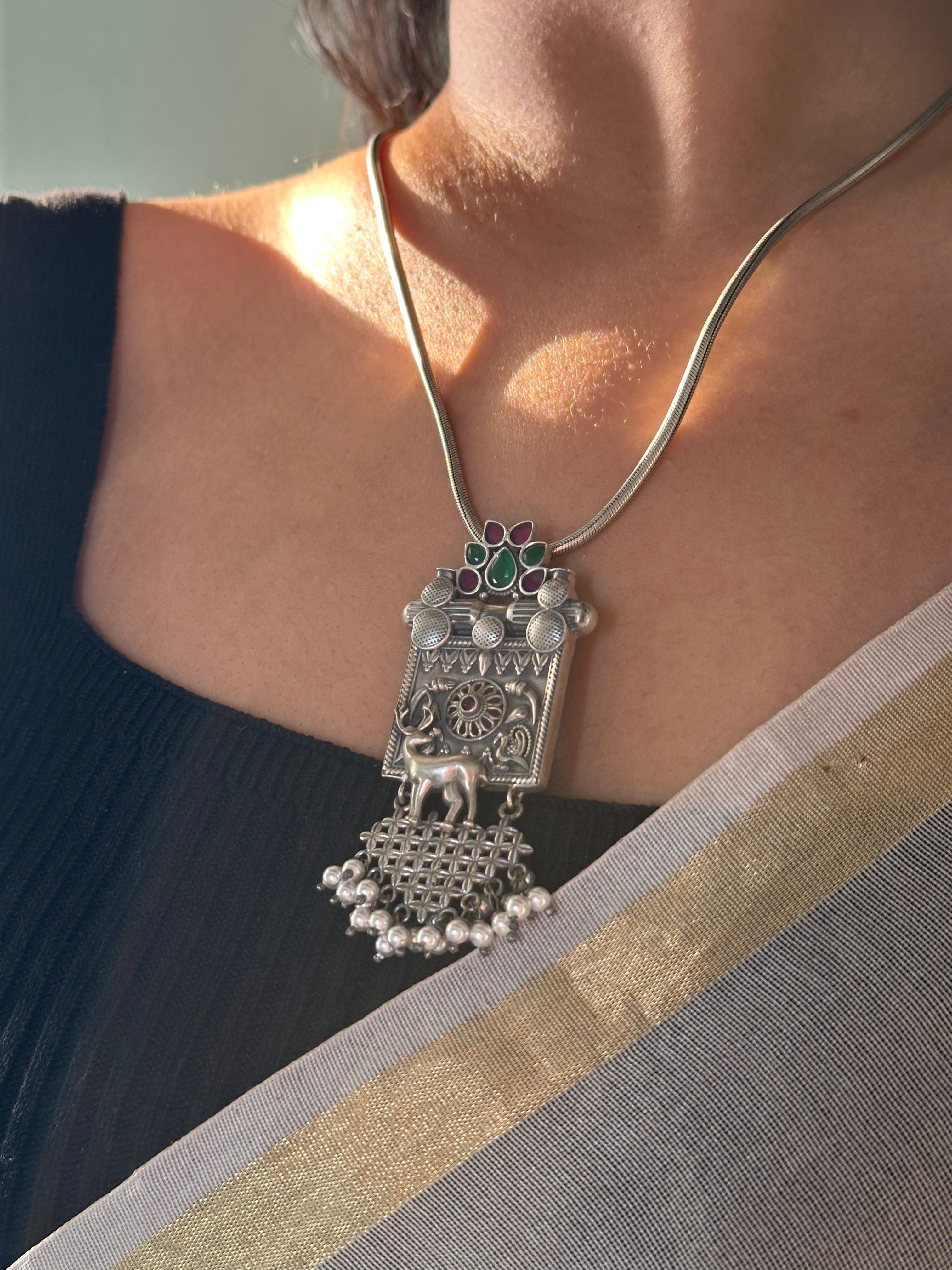 
Statement Silver Oxidised Pendant with Elephant and Pearl Detailing
