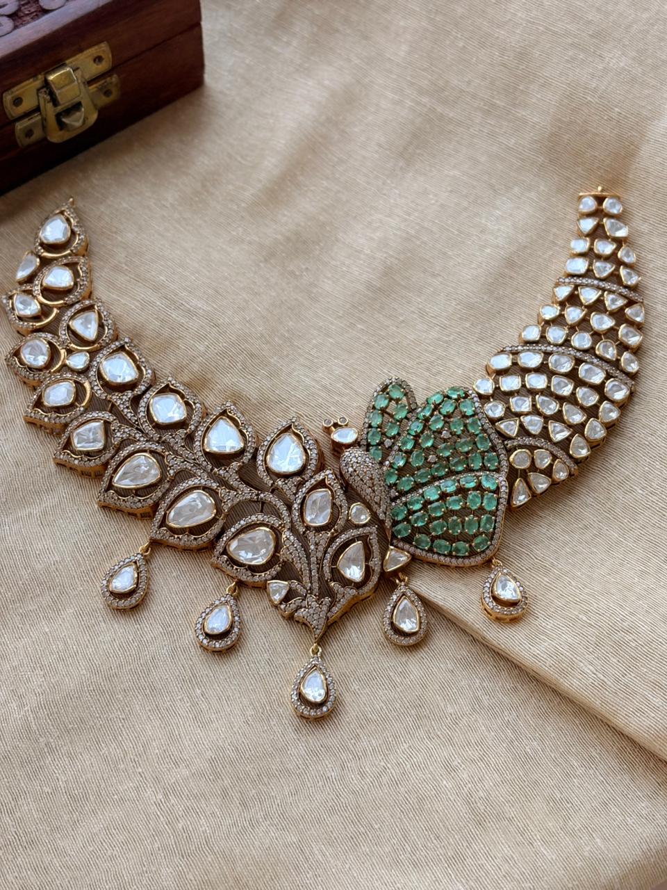 Silver Green Peacock Necklace With Earrings