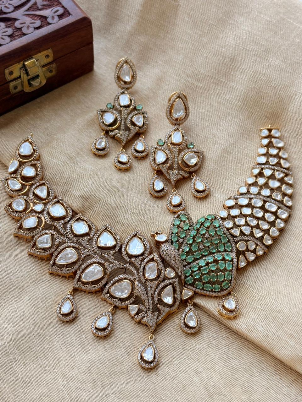 Silver Green Peacock Necklace With Earrings