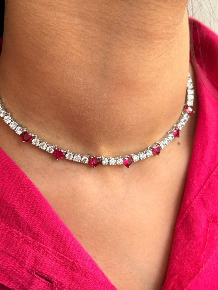 Silver Heart Shaped Red Stone Necklace Set (With Chain)