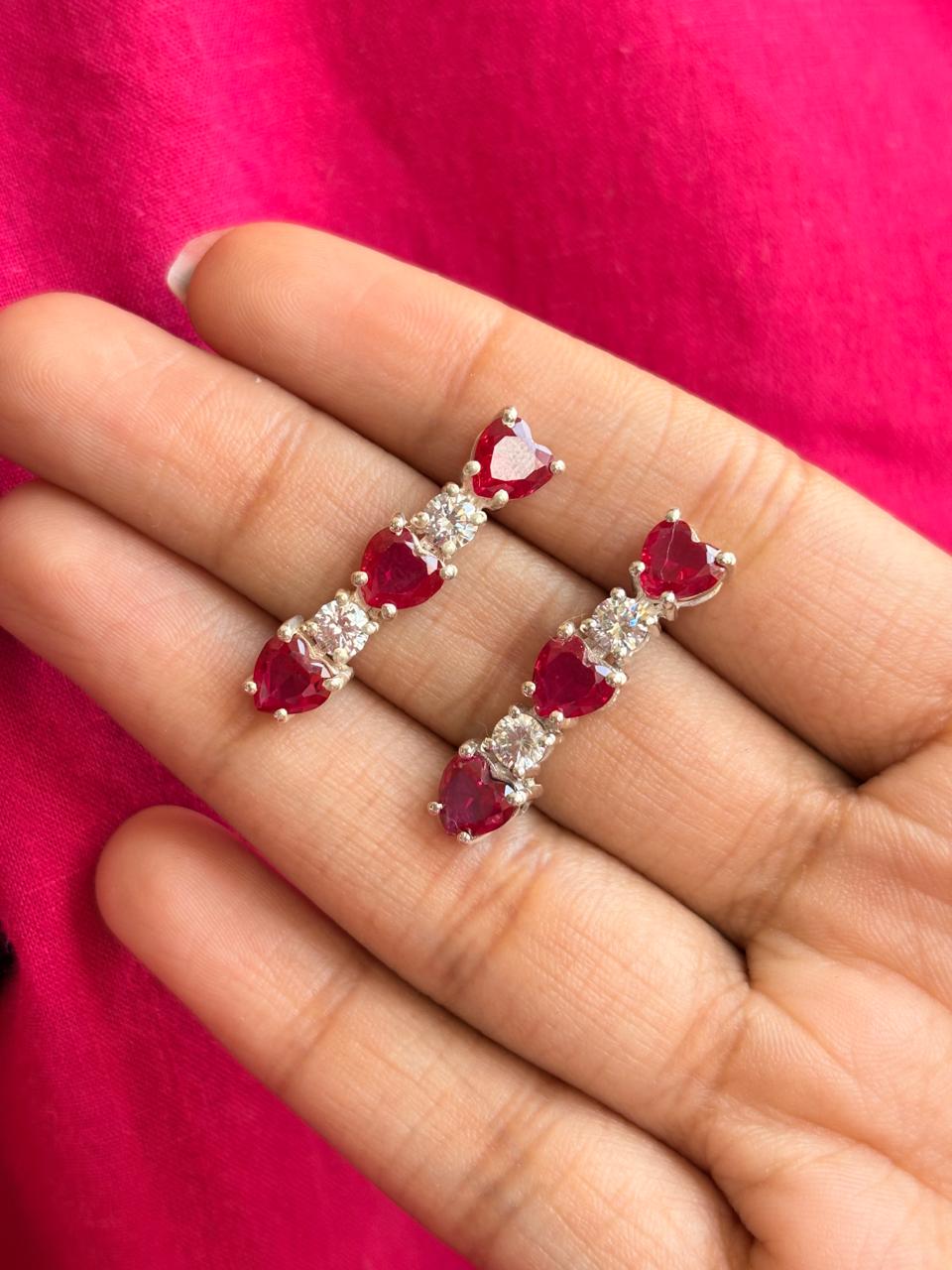 Silver Heart Shaped Red Stone Necklace Set (With Chain)