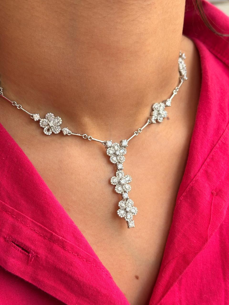 Silver CZ White Stone Flower Necklace Set (With Chain)