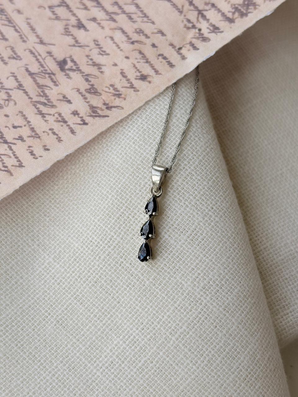 Silver Minimalist three In-line Black Stone Pendant (Without Chain)