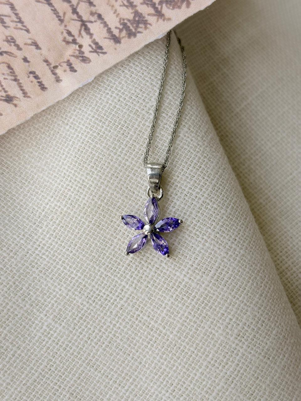 Silver Minimalist Purple Flower Pendant (Without Chain)