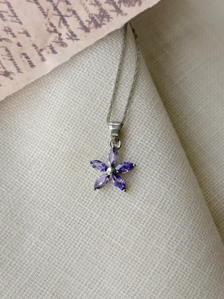 Silver Minimalist Purple Flower Pendant (Without Chain)