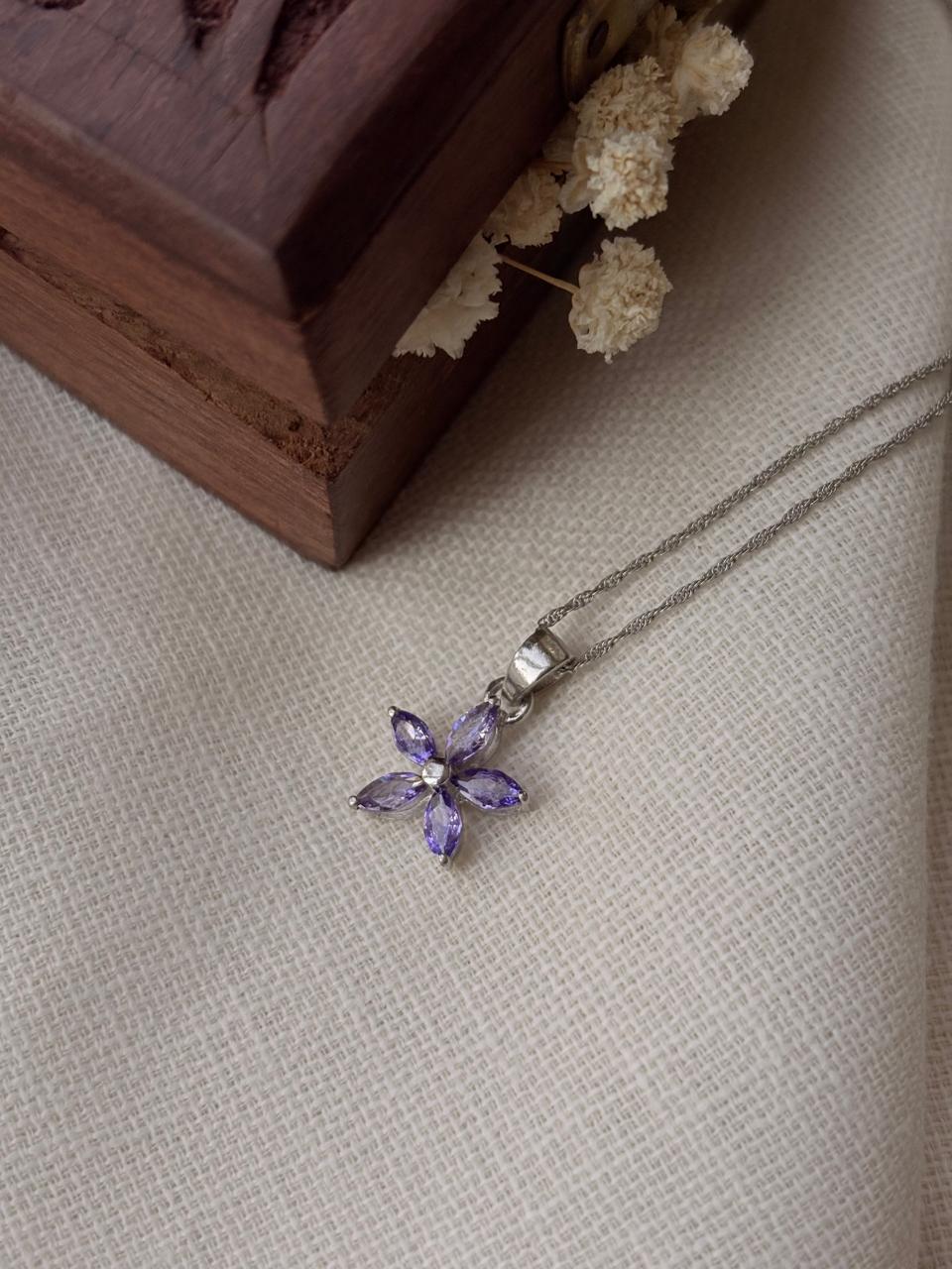 Silver Minimalist Purple Flower Pendant (Without Chain)
