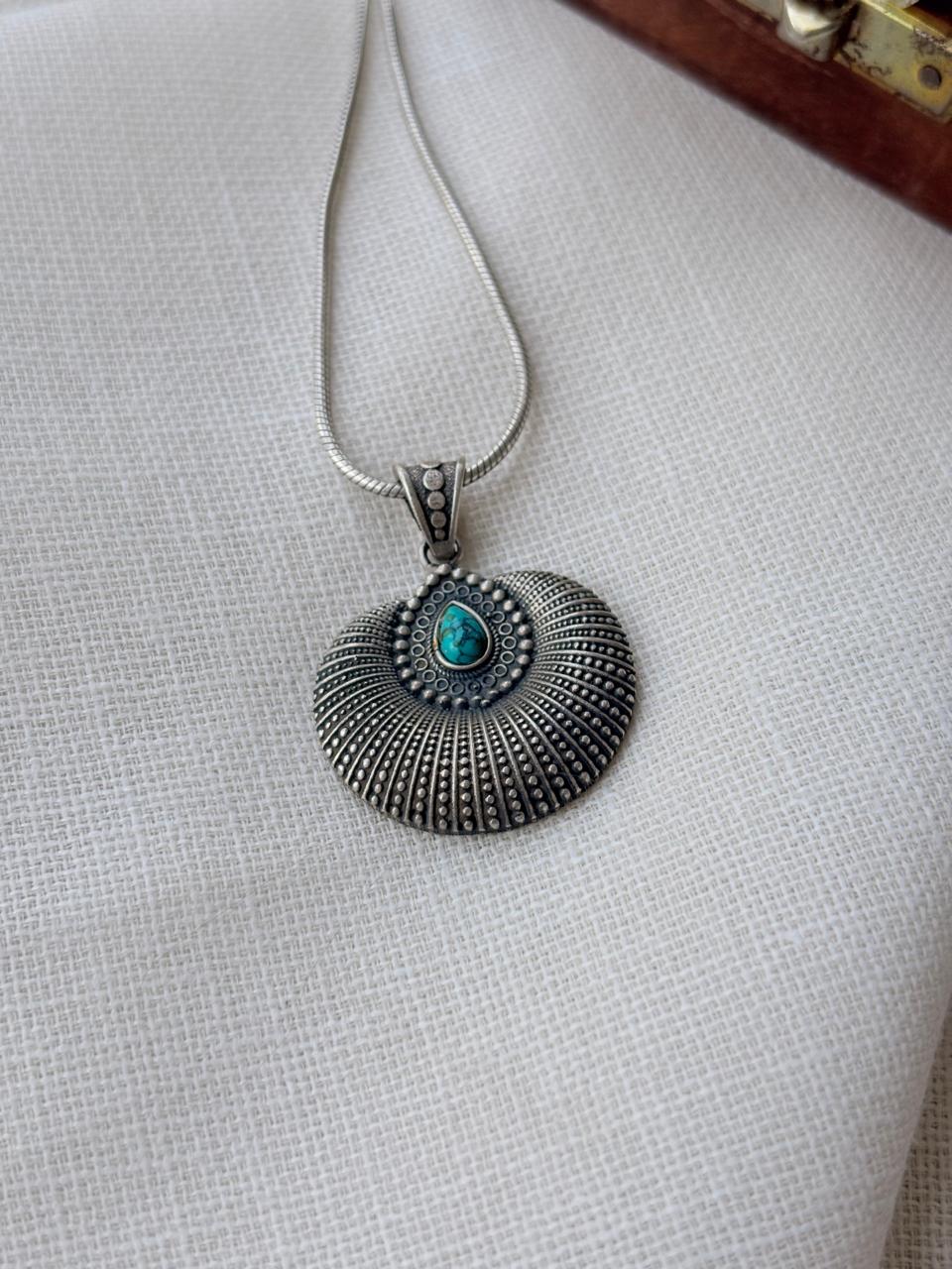 Silver Oxidised Turquoise Pendant (Without Chain)