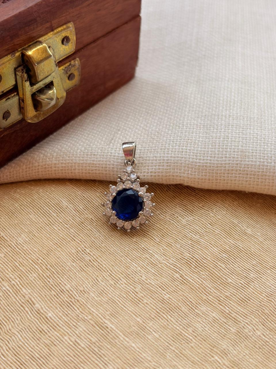 Silver Minimalist CZ Blue Pendant (Without Chain)