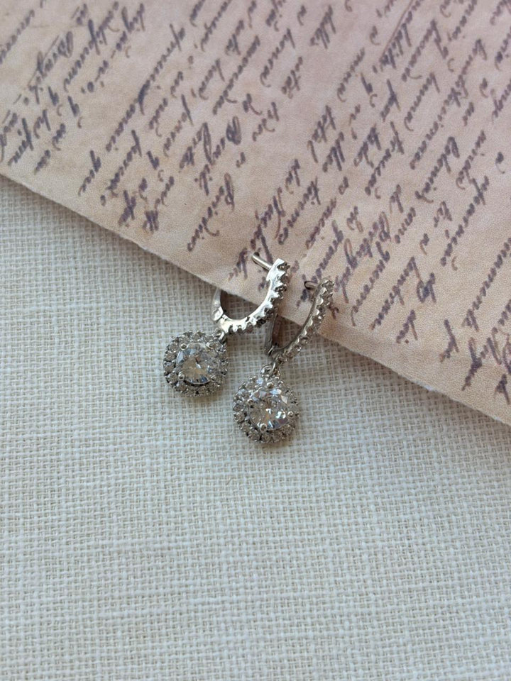 Silver Round White Stone Earrings