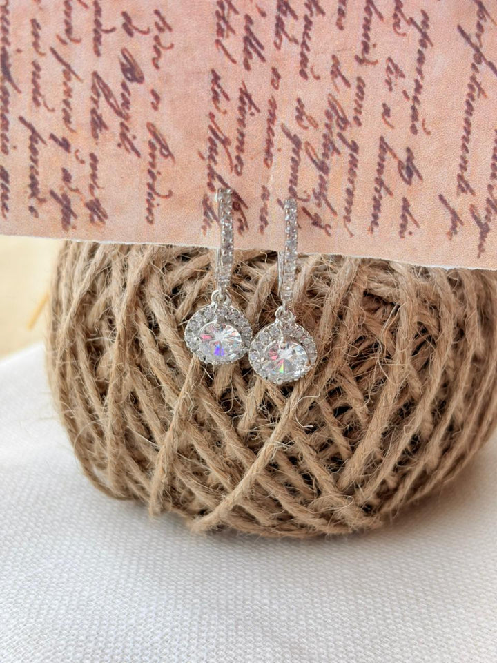 Silver Round White Stone Earrings