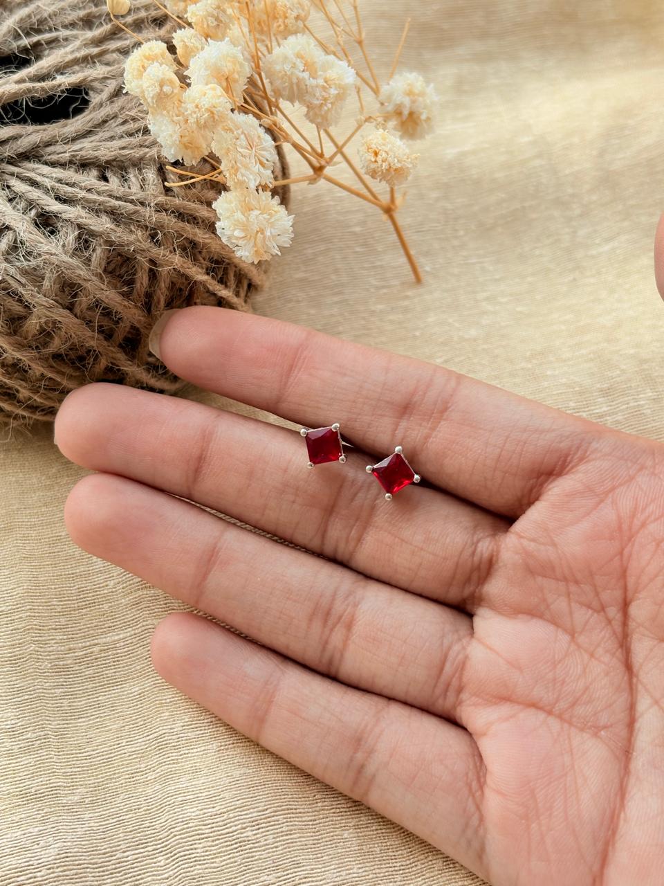 Silver Tiny Red Stone Studs