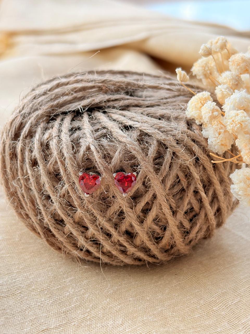 Silver Tiny Red Heart Shaped Studs