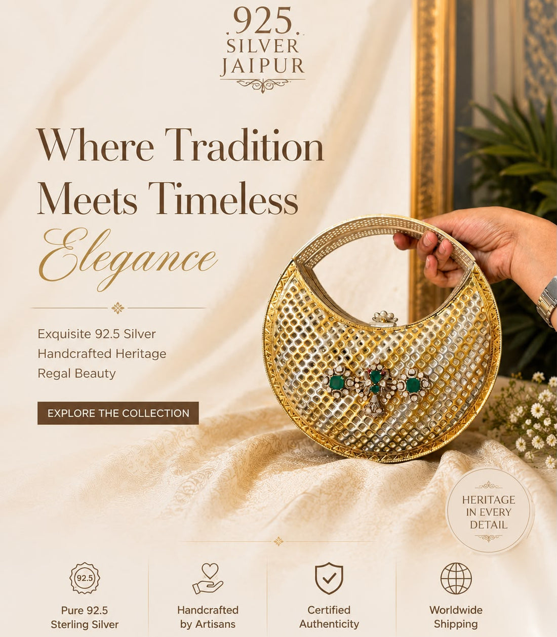 A hand holds a gold crescent-shaped evening clutch bag embellished with rhinestones and green crystal accents. The background is a soft beige marble texture with elegant text overlays reading '925.