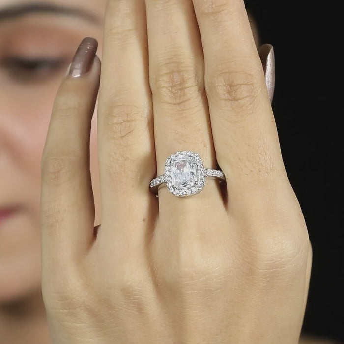 Cushion-Cut Halo Silver Ring