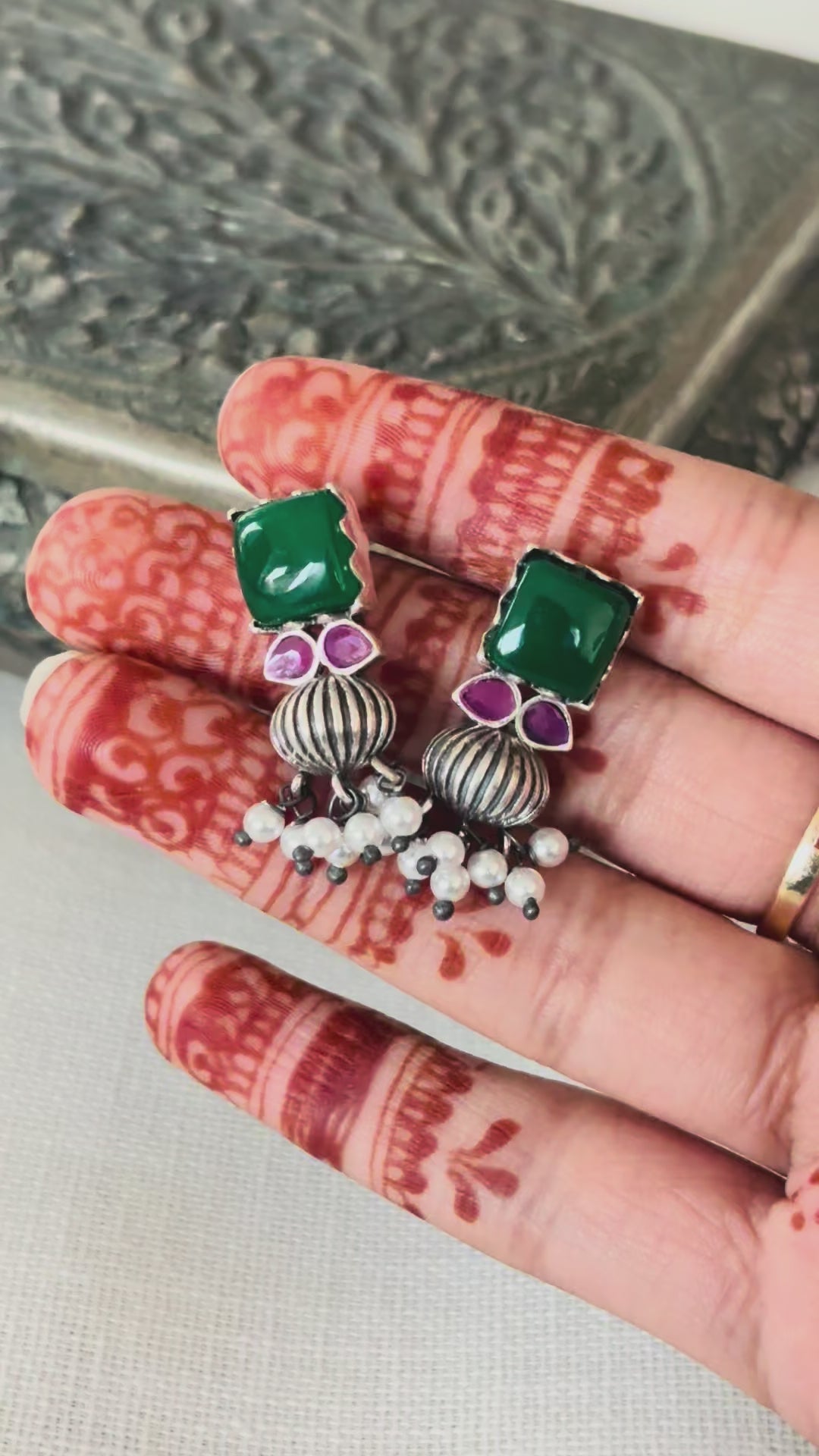 Green Stone Oxidised Silver Earrings with Pearl Drops