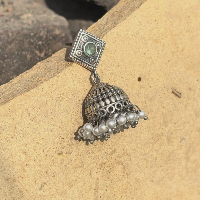 Classic Oxidised Silver Earrings With pearl Beads