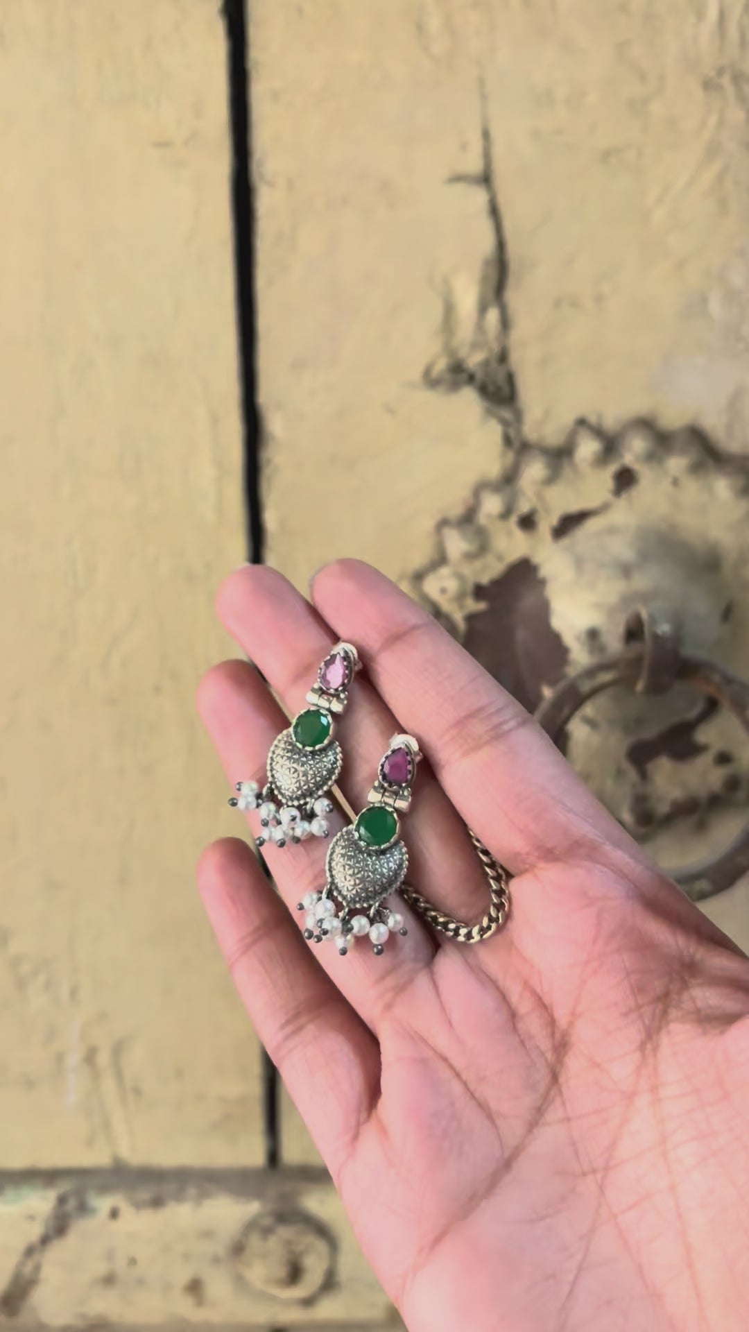 Elegant Temple-Inspired Oxidised Silver Earrings