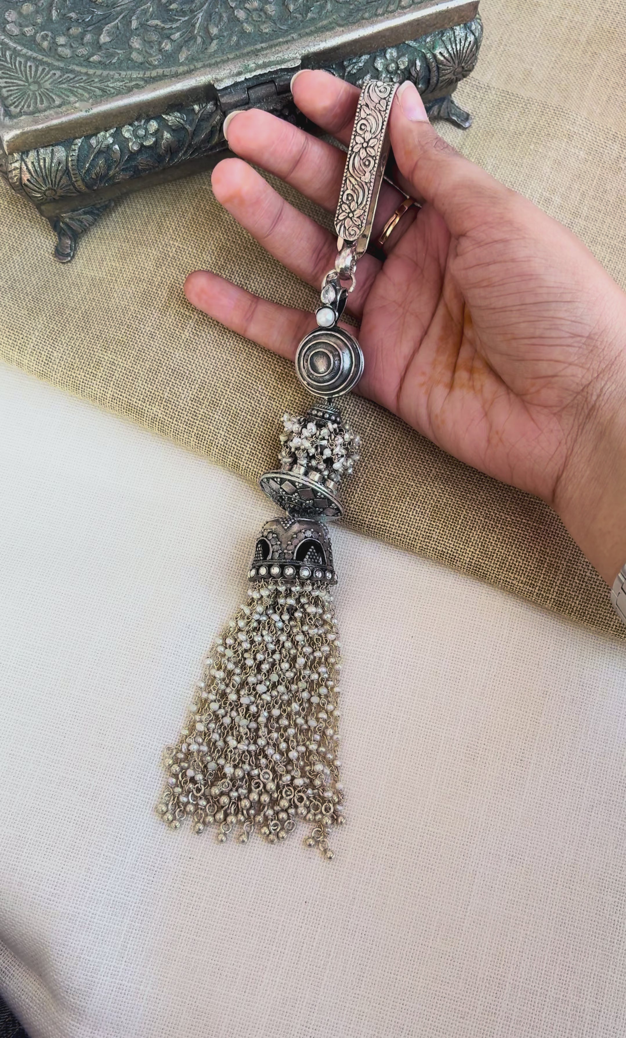 Silver Oxidised Key Ring With Pearls