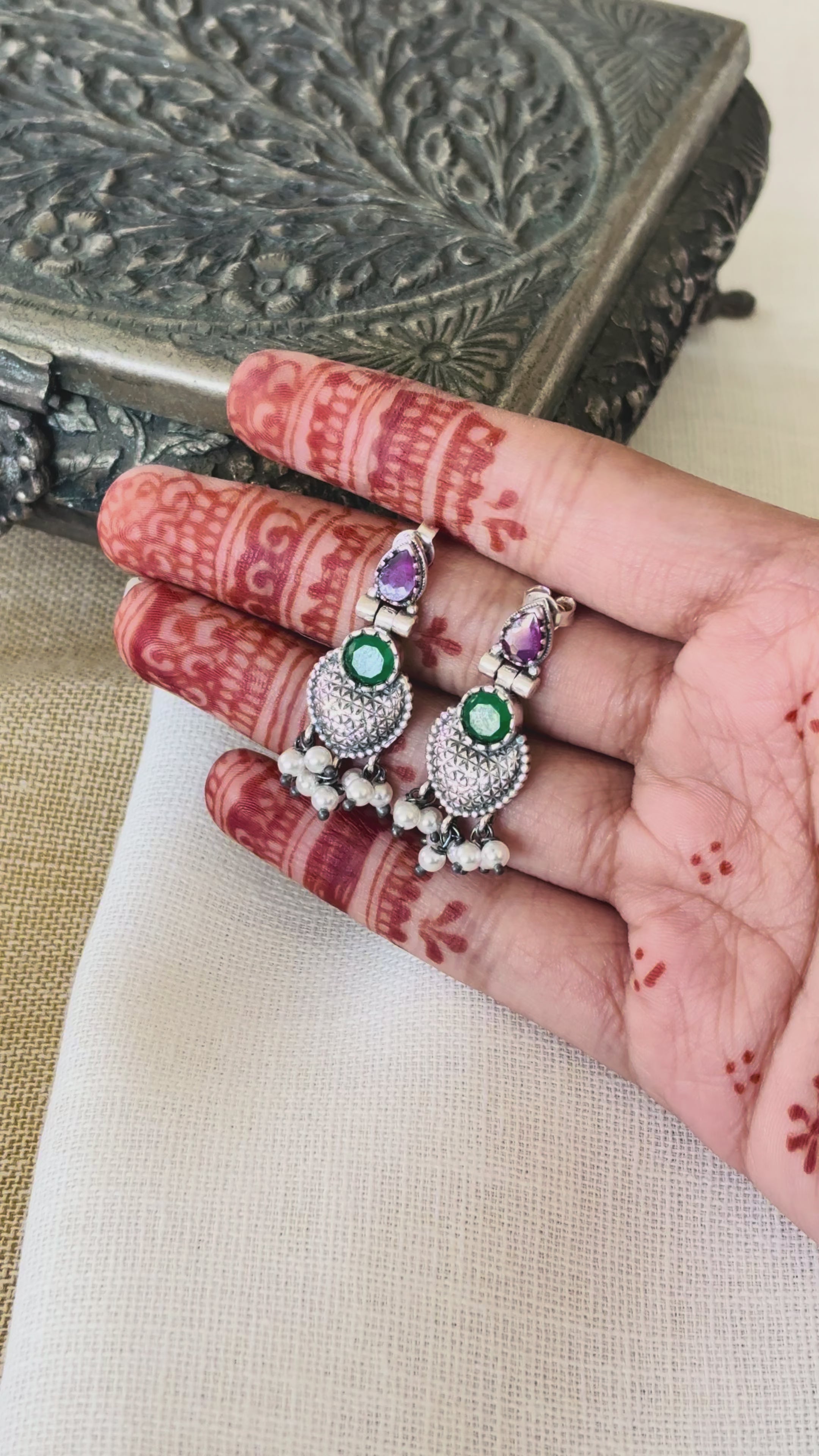 Elegant Temple-Inspired Oxidised Silver Earrings