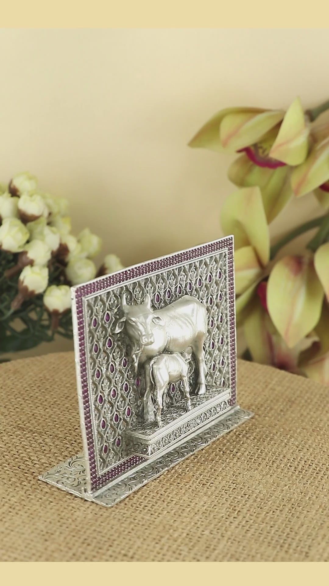 Silver Kamdhenu Cow and calf Idol for Mandir & gifting