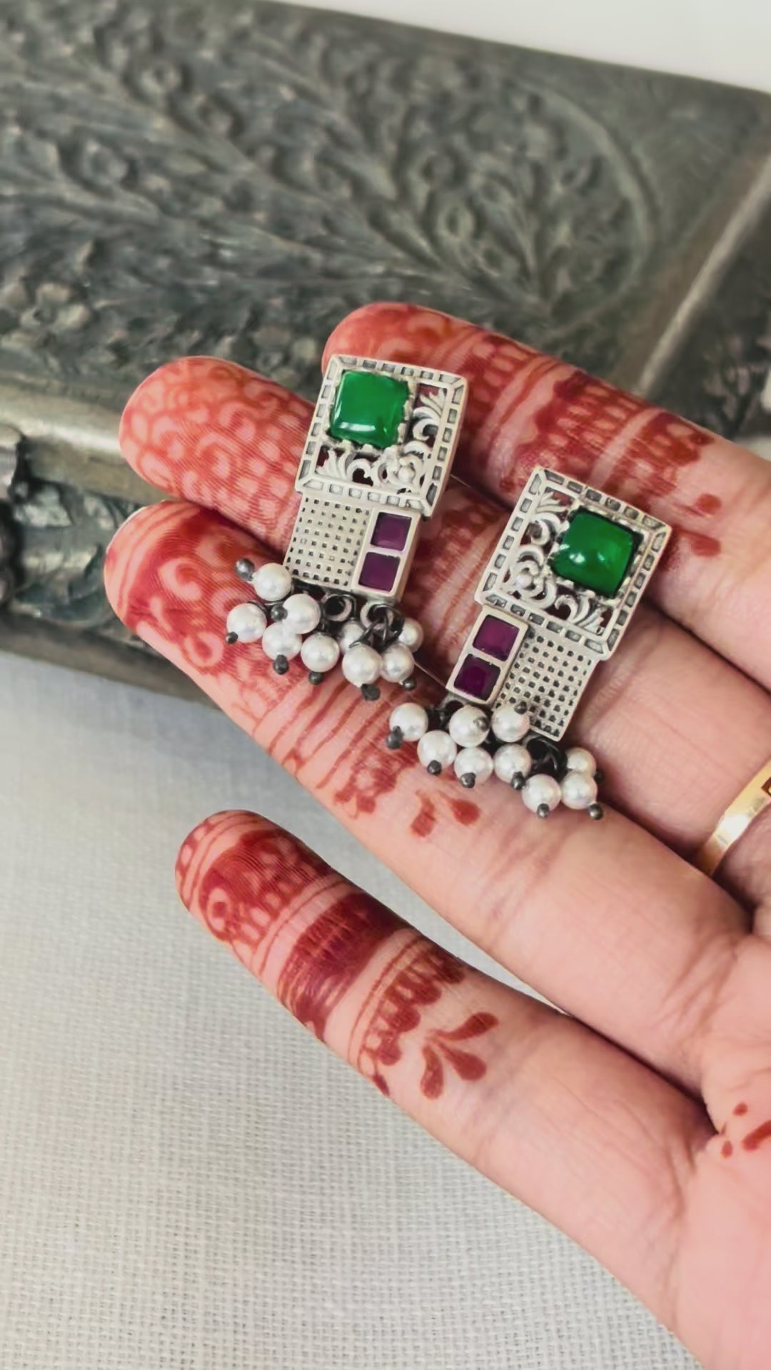 Geometric Charm Oxidised Silver Earrings