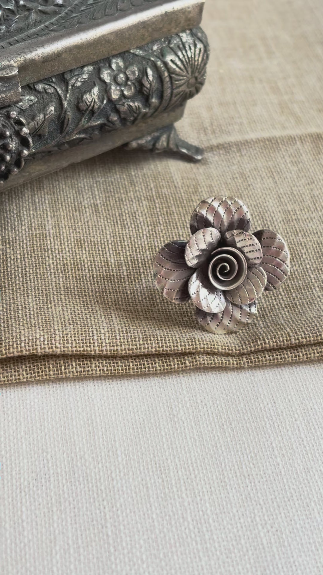 Silver Oxidised Flower Ring