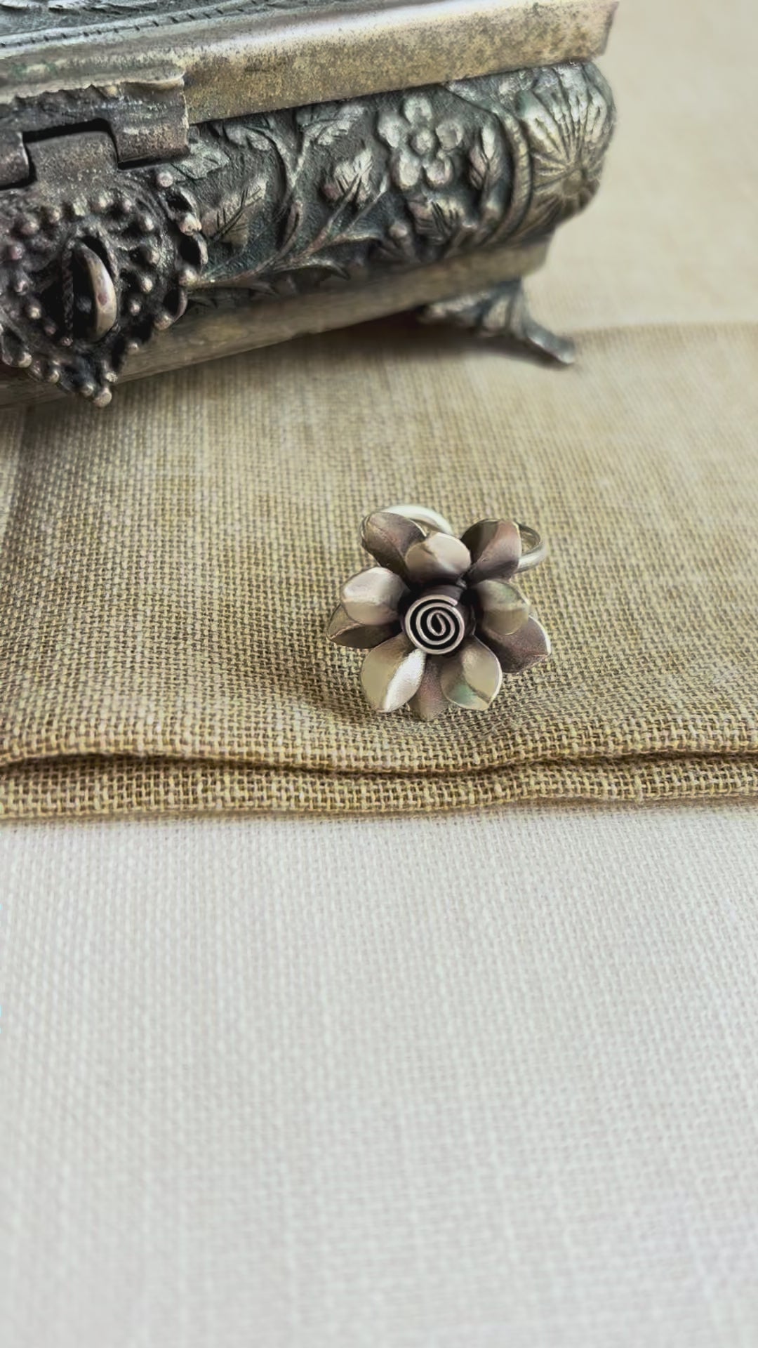 Silver Oxidised Floral Ring