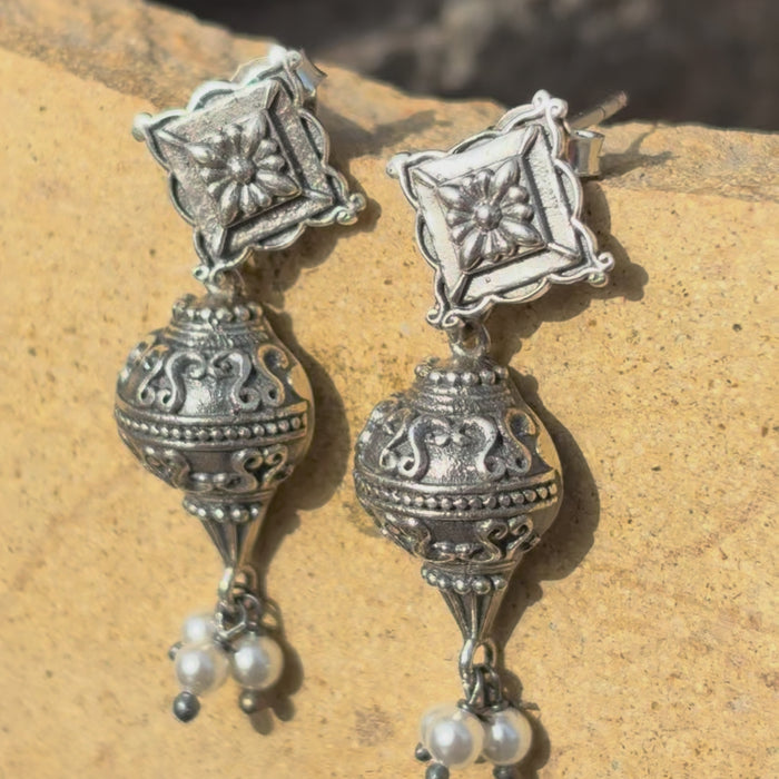 Antique  Silver Oxidised Earrings with Dome Jhumki Design