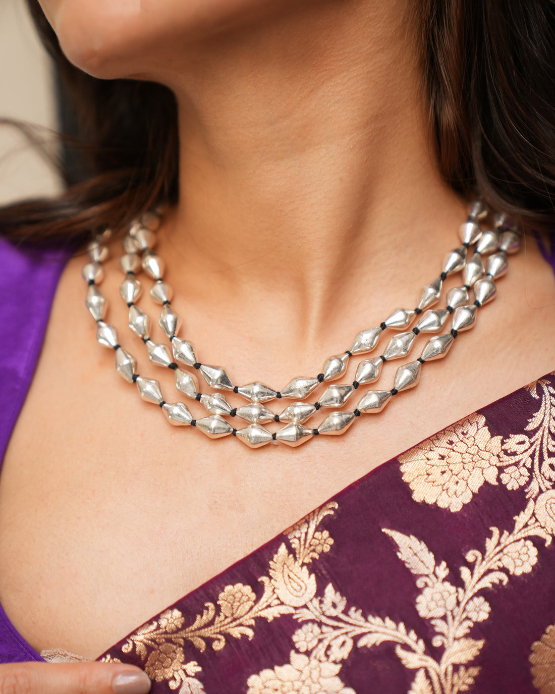 Silver Triple Layer Dholki Necklace