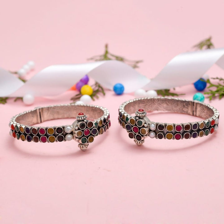 Graceful Sterling Silver Bangles With Navratna Stones